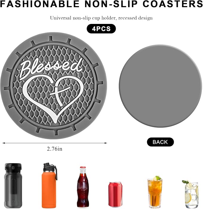 4 PCS Car Cup Holder Coaster, 2.76 Inch Soft PVC Non-Slip Blessed Cross and Heart Christian Car Cup Coasters, Auto Interior Shockproof Insert Drink Mat for Most Vehicles (Gray)