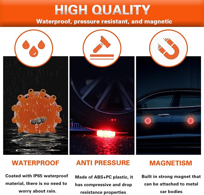 Rechargeable LED Emergency Road Flares Beacon Disc, 650mAh Lithium Battery Car Warning Safety Light with Magnetic Base, 9 Flash Modes IP67 Waterproof Type-C Charging for Vehicle Roadside Breakdown