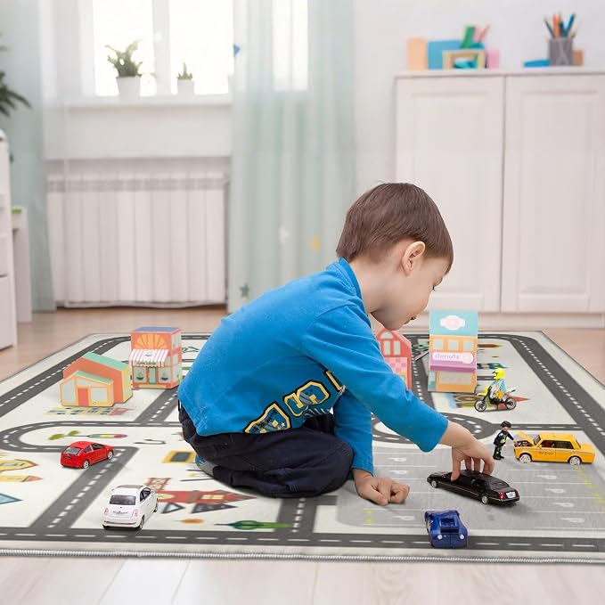 Nayoroom Kids Town Road Playroom Rug, Faux Wool Car Map, Non-Slip, 5 x 7 ft | Interactive town road map; Community scenes; Soft faux wool surface; Non-slip backing; Easy-care room accent