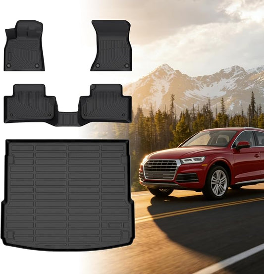 Floor Mats for Audi Q5 & SQ5 2018 2019 2020 2021 2022 2023 2024 2025 | TPE 2020 Q5 Floor Mats 1st & 2nd Row & Cargo Liner,Waterproof Summer Winter Non-Slip Floor Liners Car Accessories