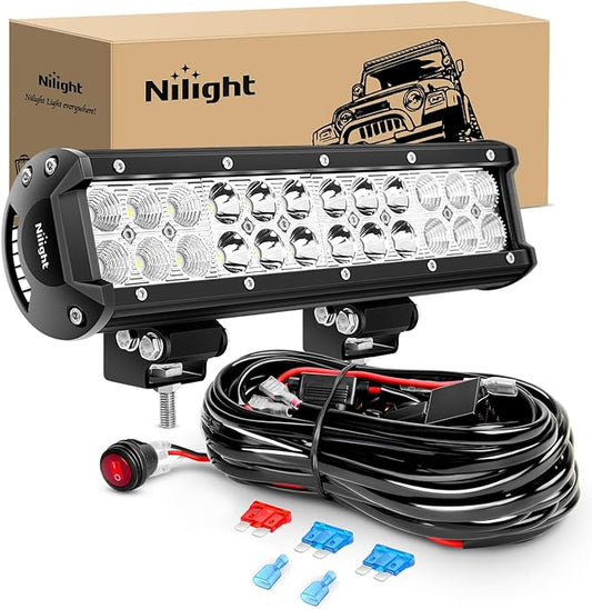 Nilight Led Light Bar 12 Inch 72W Spot Flood Combo Off Road Fog Lights Driving LED Pods with Off Road 16AWG Wiring Harness Kit - 1 Lead for Truck ATV UTV SUV Boat