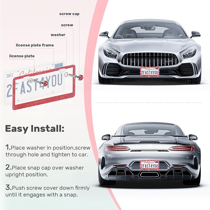 QUANQIUFEI 2 Pack Bling License Plate Frames, Sparkly Rhinestone Diamond Car License Plate Cover for Women, Stainless Steel Car Accessories with Glitter Crystal Caps (Light Siam)