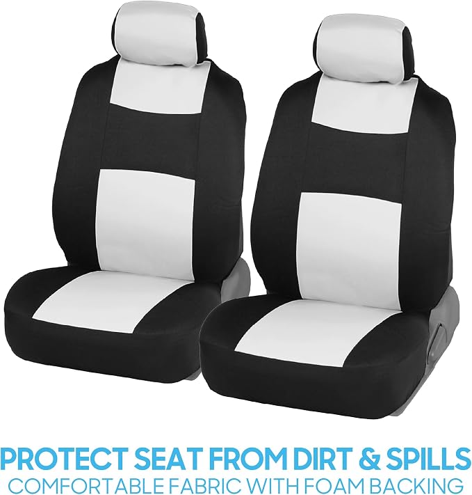 BDK PolyPro Car Seat Covers Full Set in White on Black, Front and Rear Split Bench Seat Covers for Cars, Easy to Install Car Seats Cover Set and Accessories for Auto Trucks Van SUV - White