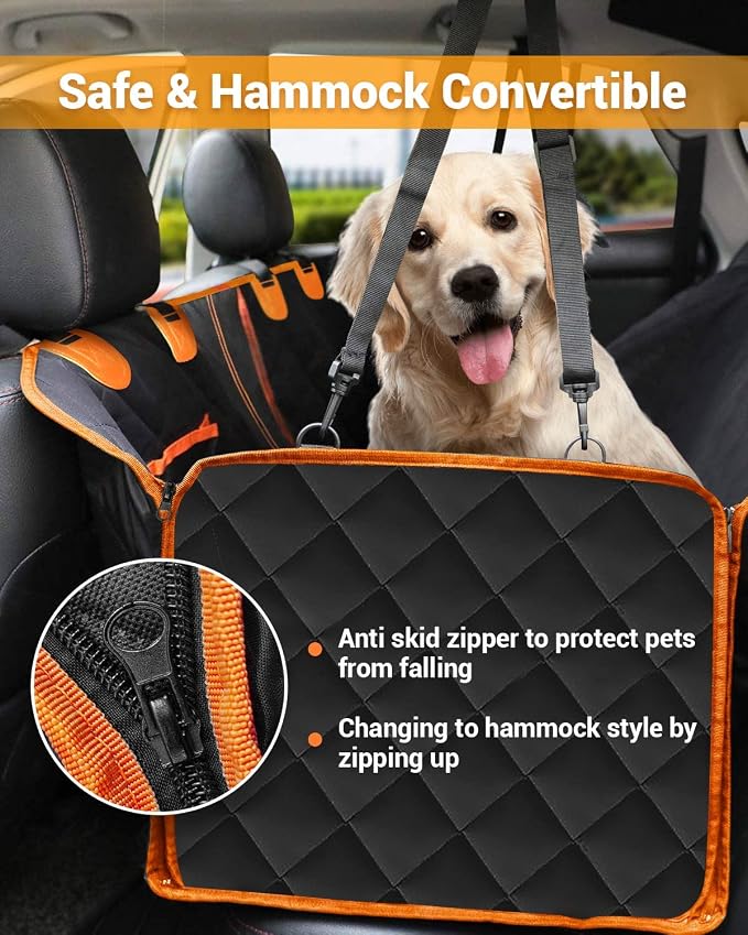 Dog Car Seat Cover, 600D Heavy Dute Car Seat Cover for Dogs Pets, 100% Waterproof Anti-Scratch Nonslip Dog Hammock for Cars, Seat Covers Protector with Seatbelt for Sedan SUV Truck XL Orange&Black