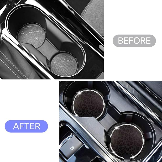 Car Cup Holder Coaster, 2PCS Silicone Car Cup Holder Insert Leopard Print, 2.75" Universal Non-Slip Cup Holders, Interior Car Accessories for Women and Man (Black)