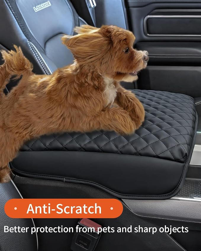 LINOAH Center Console Cover for 2019-2026 Ram 1500 Center Console Cover, Armrest Cushion Pad Accessories with Side Pockets, PU Leather for 5th Ram 1500 Anti-Scratch for Ram 1500 Accessories