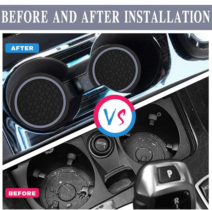 Car Cup Holder Coasters, Dustproof Automotive Interior Accessories Mat,2.75 Inch Non-Slip Insert Water Bottle Holder Pads, Universal for Vehicles, Trucks, RVs and More (Black/Gray, 4PCS)