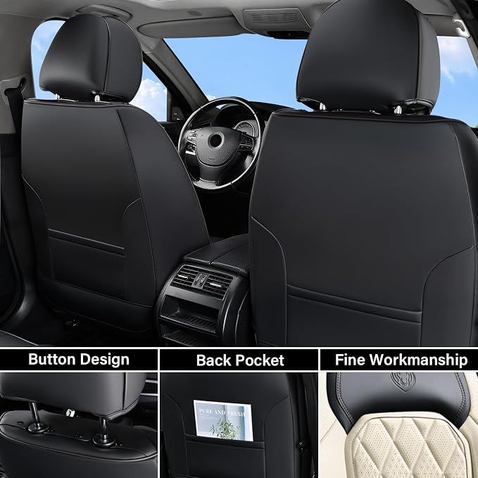 Coverado Car Seat Covers Full Set, Luxury Faux Leather Waterproof Seat Cover, Black and White Car Seat Covers, Car Seat Protector, Automotive Seat Covers Universal Fit for Most Cars, Black&White