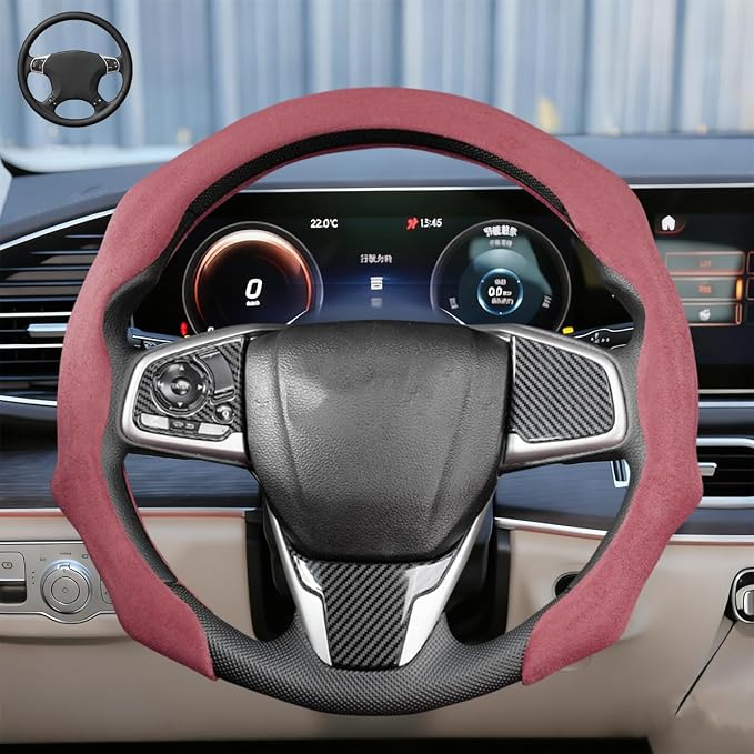 Car Steering Wheel Cover, Soft Brethable Suede Non-Slip Vehicle Steering Wheel Protector, Comfortable Sporty Auto Interior Protection Accessories, Universal for Truck SUV Van (Bordeaux Red)