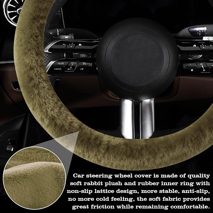 Furry Warm Steering Wheel Cover, Universal 14.5-15 Inch Winter Plush Warm Steering Wheel Cover, Soft Fluffy, Anti-Slip Design, Soft Texture (Green)