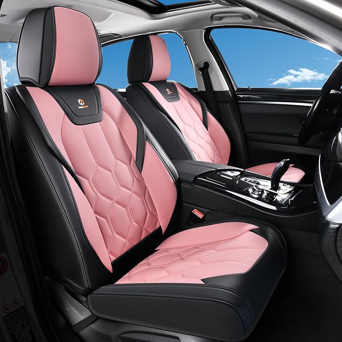 Huidasource Car Seat Covers, Universal Fit for Cars SUVs Trucks, Black&Pink | Full Coverage Leather Seat Cover, Airbag, Cupholder Compatible, Seat Function Retain, Easy Install with Velcro