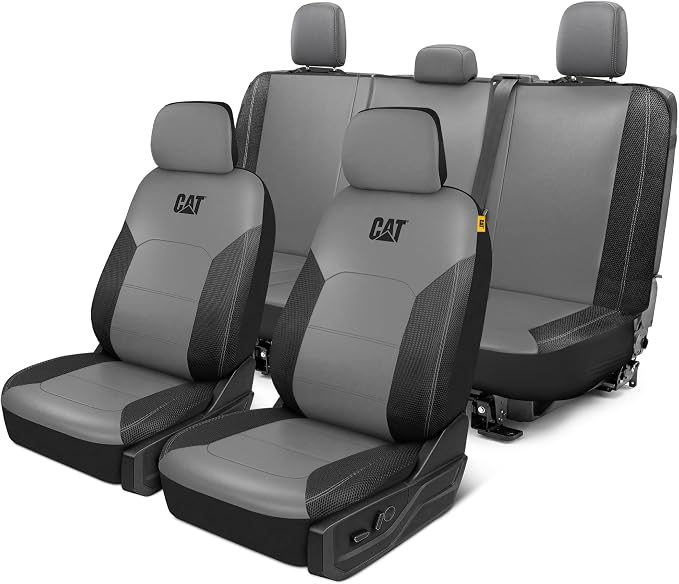 CAT Leather Seat Covers Full Set for Full-Size Pickup Trucks Only - Gray | Front Bucket Seat Covers & 60/40 Split Rear Bench Protector – Interior Accessories For F-150, Silverado, Ram, Sierra & Tundra