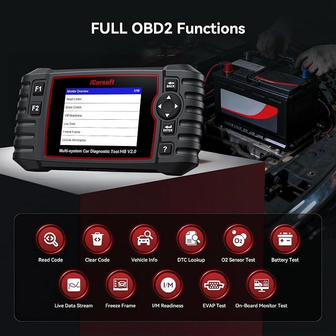 iCarsoft MB V2.0 Full System Diagnostic Scan Tool for Most Mercedes Benz from 1996-Present OBD2 Scanner 9 Reset AutoVIN Free Update Car Code Reader with Battery Test CAN FD 15 Languages Plug-and-Play