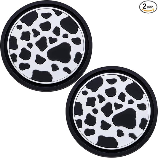 2-Pack Car Cup Coasters – 2.75 Inch Anti-Slip Drink Mats, Universal Auto Holder Insert for Women, Girls, Vehicle Interior Accessories (Cow Print)