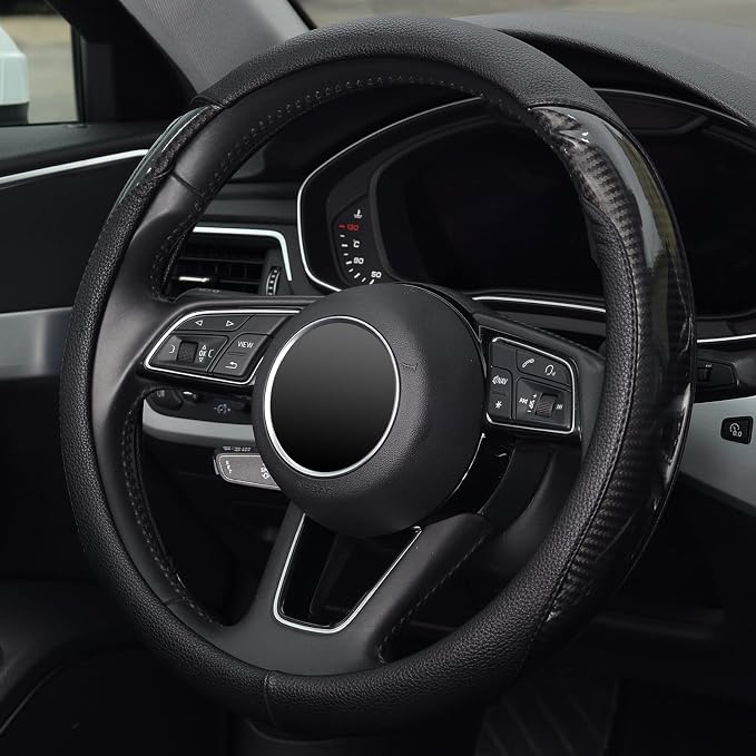 KAFEEK Carbon Fiber Steering Wheel Cover for Men, Car Accessories, Black | Universal 15 Inch Sporty & Thin Cover, Lychee Textured Leather, Side Carbon Fiber Accent