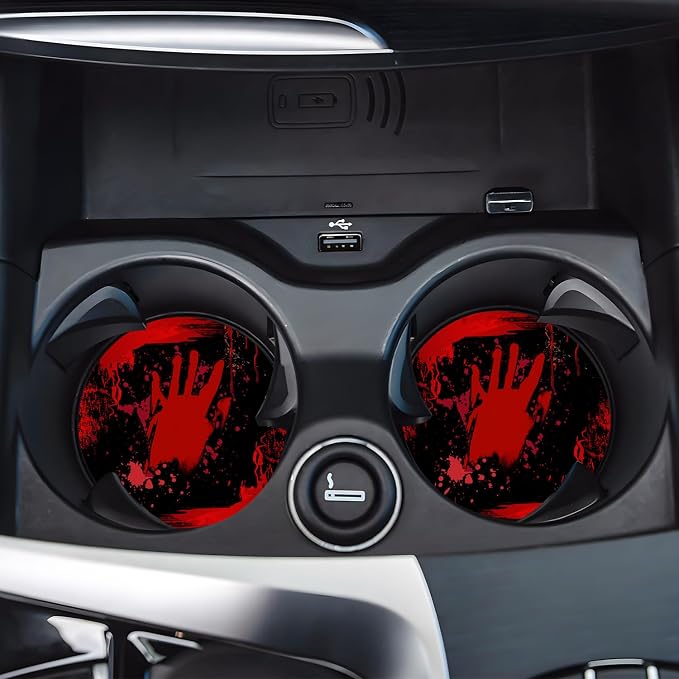 Car Cup Holder Coasters, 2 Pack – 2.75" Universal Auto Anti-Slip Insert Coaster, Rubber Car Coasters, Personalized Car Accessories for Women & Men (Blood Splattered Handprints)