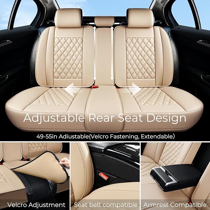 Huidasource Beige Car Rear Seat Covers, Nappa Leather Back Seat Cover, Automotive Rear Bench Seat Cushion Cover Universal Fit for Most Cars Sedan SUV Pickup Truck (Back Row/Beige)