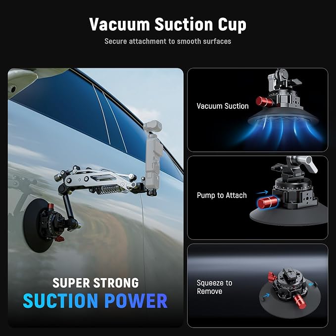 NEEWER GA022 Vacuum Suction Cup Car Action Camera Mount Hydraulic Boom Arm | NATO Rail, Compatible with DJI Osmo Pocket 3 4 Xtra Muse Action 5 Pro 6 Insta360 Luna Ultra X5 X4 GoPro Hero13 Adapter Holder