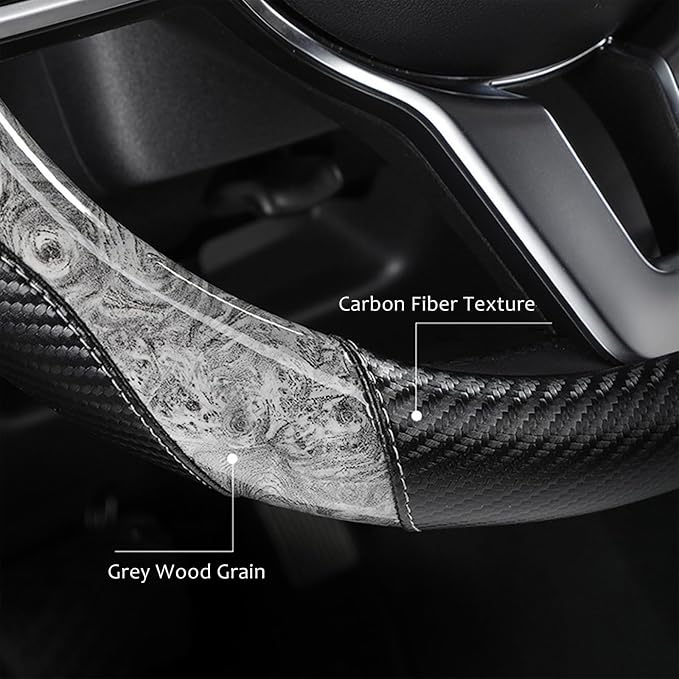 Wood Grain Steering Wheel Cover with Coasters Universal 14.5-15 inch | Black Gray Carbon Car Steering Wheel Covers Leather Microfiber Breathable Anti-Slip Durable Steering Wheel Accessories