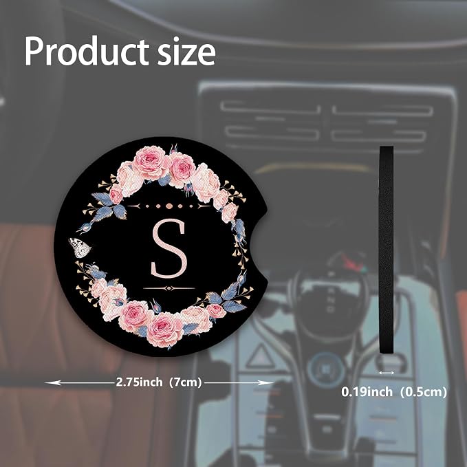 2pcs Letter S Car Coasters,Absorbent Universal neoprener Cup Holder Coasters with a Finger Notch,Car Accessories for Women&Man Interior，2.75"