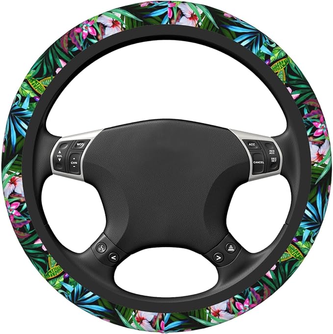 Tropical Car Steering Wheel Cover for Women Frangipani Hibiscus Palms 14-15 Inch Stretch Cloth Anti-Slip Wrap Protector Case Fit Universal Auto Accessories Decor Sweat Absorption (No Tools Needed)