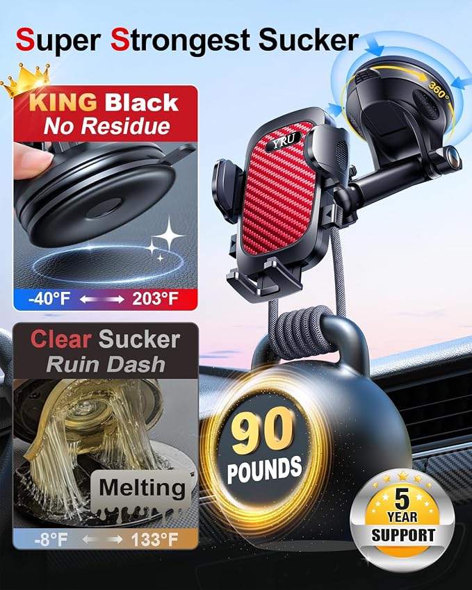 YRU True Military-Grade [360° Rotation Suction] 2026 Ultimate Car Phone Holder Mount【90+LBS Safest Strongest & Patent Certs】 Dash Windshield for iPhone 17 16 Pro Max Speakerphones, Red