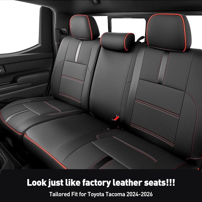 DiffCar® for Toyota Tacoma Seat Covers 2024 2025 2026(Gas Only), Full Set Faux Nappa Leather Truck Accessories for Tacoma Double Cab 4th Gen, Car Pickup Seat Protector Custom Fit Front Rear, Black/Red