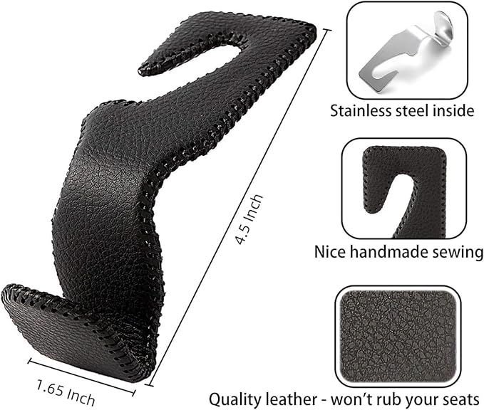 AMVOYOA Headrest Hooks for Car, Back Seat Organizer Black Leather Hanger Holder Hook, for Hanging Purses and Bags and Coats, Pack of 4