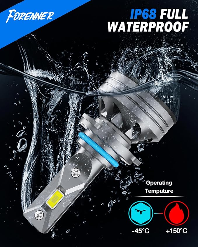 FORENNER 9005/HB3 9006/HB4 Light Bulbs Combo 100000LM Brighter White 6500K 1:1 Size Design IP68 Waterproof, 9005 9006 Fog Bulbs with cooling fan 70K+ Extended Longevity Light Kit, 4-Pack