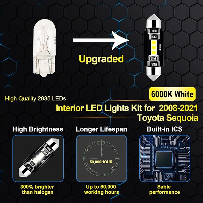 EASY EAGLE LED Interior Car Lights for Toyota-Sequoia-2008-2021: 20 Piece Kit White LED Light Bulbs - Super Bright 6000K + Install Tool