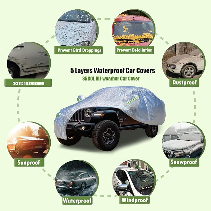 5 Layers Waterproof Car Covers for Automobiles All Weather Season UV Protection Rainproof Outdoor Full Cover Universal Fit SUV 191" to 200"