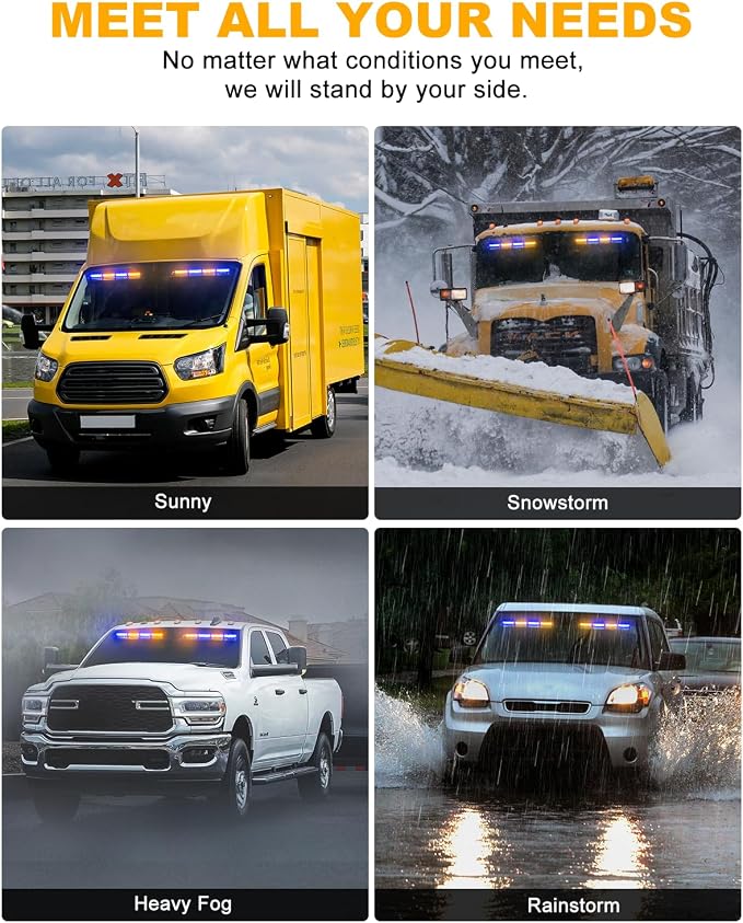 HLauto 6Z4J Emergency Dash Strobe Lights: 2x16.8 inch Blue Amber Safety Lights, 48 LED Flashing Warning Hazard Interior Windshield Visor Traffic Light Bar for Trucks, Construction Vehicles