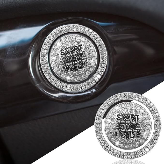 Bling Crystal Car Engine Start Ring Sticker, Sparkling Rhinestone Push Start Button Decorative Cover, Anti-Scratch Key Ignition & Knob Bling Ring Car Interior Accessories for Women (White)