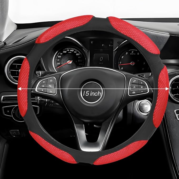 Wuyaoyao Car Steering Wheel Cover, 15 Inch PU Leather Anti-Slip Steering Wheel Covers Protector with Soft Hand Pad Cushion, Breathable & Comfortable, Universal Interior Car Accessories (Red)