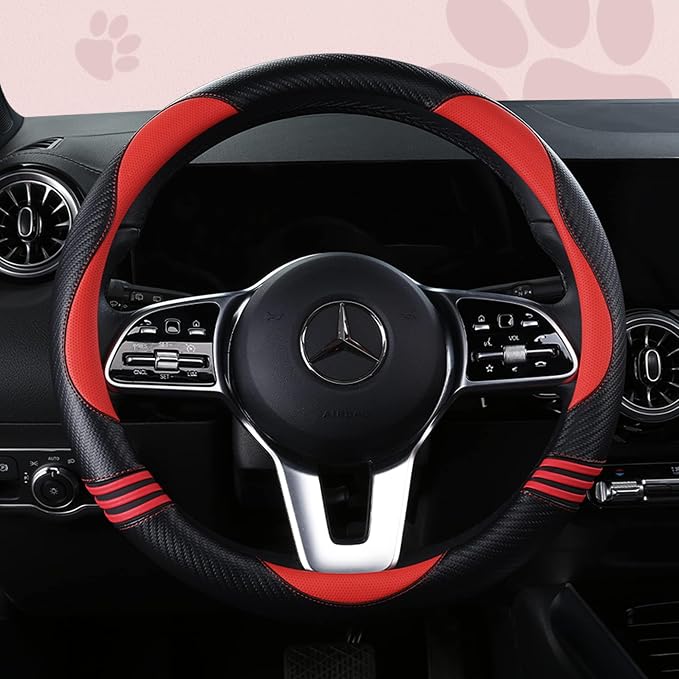HighnessHwoo Car Steering Wheel Covers for Women Padded Carbon Fiber PU Leather Cute Auto Interior Accessories for Vehicle, Sedan, Universal, Anti Slip, Red, Standard Size, 14.75-15.15in