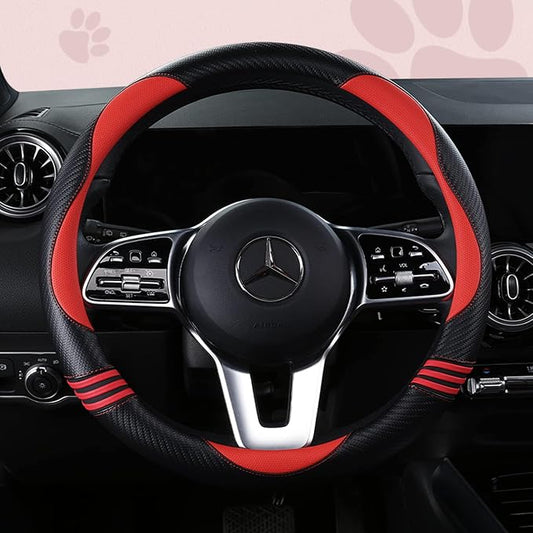 HighnessHwoo Car Steering Wheel Covers for Women Padded Carbon Fiber PU Leather Cute Auto Interior Accessories for Vehicle, Sedan, Universal, Anti Slip, Red, Standard Size, 14.75-15.15in