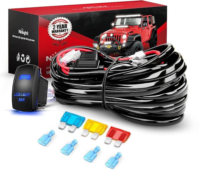 Nilight - 10015W - NI-WA 09 LED Light Bar Wiring Harness Kit 14AWG Heavy Duty 12V 5Pin Rocker Switch Laser On off Waterproof Switch Power Relay Blade Fuse-2 Leads,2 Years Warranty