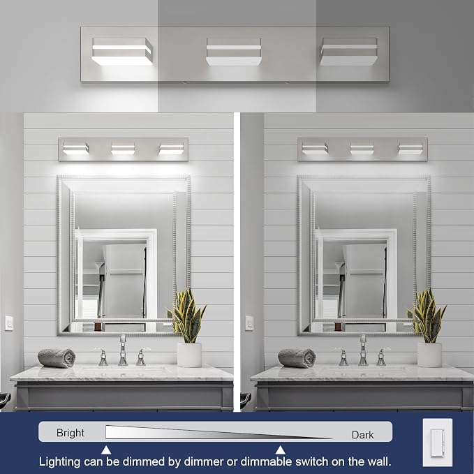 SineRise LED Modern Bathroom Vanity Light Fixtures (3-Light, 24-Inch, Dimmable), Brushed Nickel Modern Acrylic Bathroom Wall Lighting Fixtures Over Mirror (Cool White 6000K)