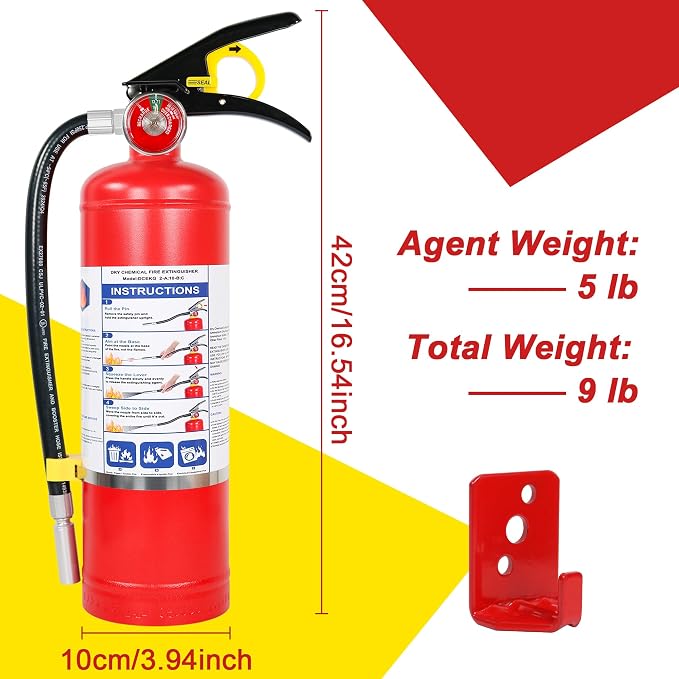 5 lb ABC Dry Chemical Fire Extinguisher with Wall Mount, 2A:10B:C Rated | All-Metal Valve, Quick-Release Bracket, 1 Pack Large Fire Extinguisher for Home, Garage, Factory, Car, Truck, Vehicle, Boat