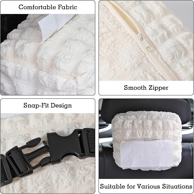 Beige White Car Tissue Holder, Car Standard Tissue Holder, Multi-Functional Car Tissue Boxes, Soft Puff Fabric with Adjustable Elastic Band, Keep Car Tidy, for Sun Visor, Backseat, Armrest