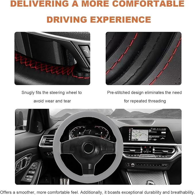 Genuine Leather Steering Wheel Cover, 15 Inch Stitch on Wheel Wrap with Needles & Threads, Breathable Steering Wheel Protector DIY Sewing Wrap for Car Truck SUV (Gray, Glossy)