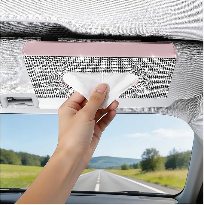 Bling Car Visor Tissue Holder, Shiny Rhinestone Leather Sun Visor Napkin Mask Case Holder Clip, Diamond AUT Paper Tissue Towel Box Dispenser, Universal Fit (White/Pink)