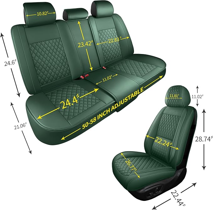 Green Thick Nappa Leather Automotive Front Car Seat Covers Set of 2 | Univerasal Precision Fit,Lumbar Support,3D Contoured,Semi Coverage,Waterproof,ThickTexture,for most Suvs Trucks Sedans