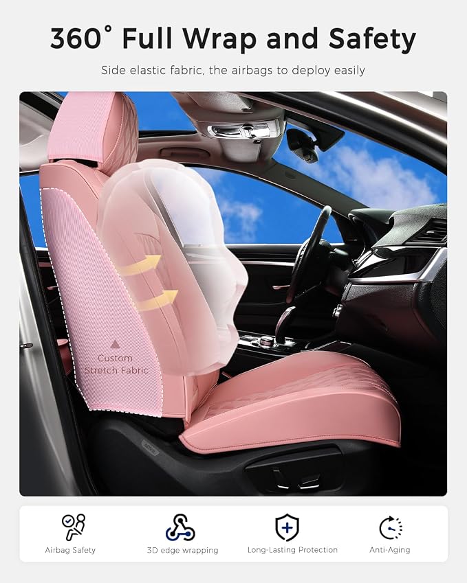 Huidasource Pink Seat Covers, Nappa Leather Car Seat Covers, Velcro Adjustable, Compatible with Airbags, Child Seat, Seat Belts, Fit for Most Cars, Vans, Trucks, SUVs (Full Set/Pink)