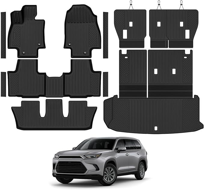 Custom Fit Floor Mats for 2024-2026 Toyota Grand Highlander 8 Seat | with 2nd Row Bench Seat All Weather TPE Floor Liner & Trunk Mat & Backrest Mat & Door Sill Guard | Full Set Accessories
