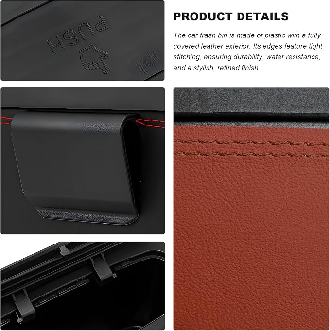 Car Trash Can with Lid, Leather Auto Dustbin Hanging Organizer with Mounting Clip, Multi-Purpose Leakproof Vehicle Garbage Bin Storage Container for Cars SUVs RVs (Brown)