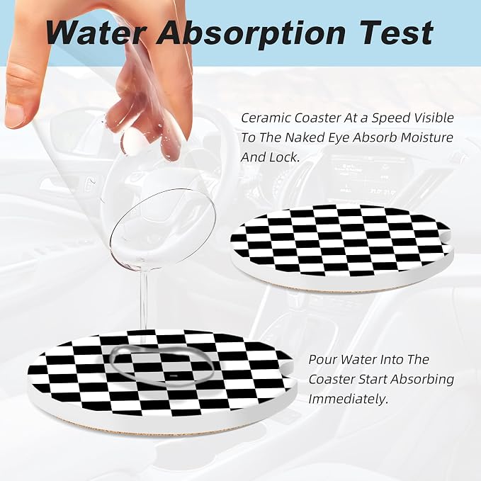 Black White Checkered Car Coasters for Cup Holders,2 Pack Car Cup Holder Coasters for Car,Ceramic Absorbent Car Coaster with A Finger Notch and Cork Base,Car Interior Accessories for Women Men