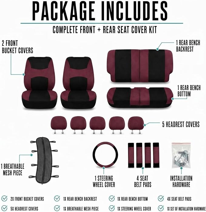 FH Group Car Seat Covers Full Set Cloth,Universal Fit combo,Washable Automotive Seat Covers,Low Back Front Seat Covers,Airbag Compatible,Split Bench Rear Seat for SUV,Sedan,Van Burgundy