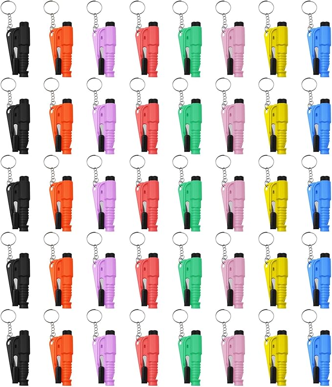 40 Pcs Car Window Breaker Key Chains, 3 in 1 Glass Breaker Seat Belt Cutter Survival Whistle Portable Safety Emergency Escape Tools Multifunctional Car Accessories, 8 Color
