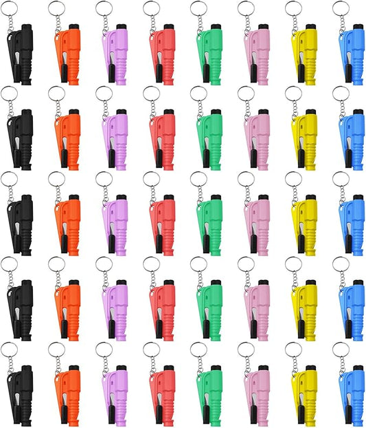 40 Pcs Car Window Breaker Key Chains, 3 in 1 Glass Breaker Seat Belt Cutter Survival Whistle Portable Safety Emergency Escape Tools Multifunctional Car Accessories, 8 Color